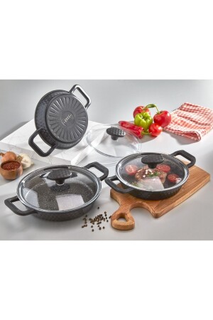 DÖKÜM 3'LÜ GRANİT LÜKS KAPAKLI SAHAN SETİ (18-20-22 CM ) - Esta