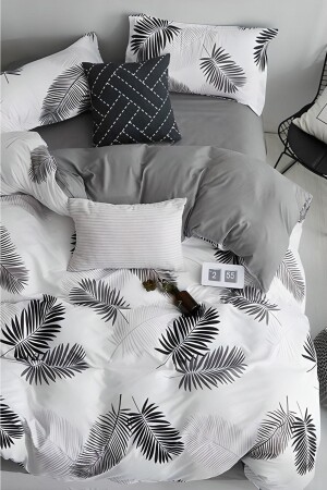 Doppelseitiges Doppelbett-Bettbezug-Set mit elastischem Laken, Blattgrau, AWCT-0311 - Always