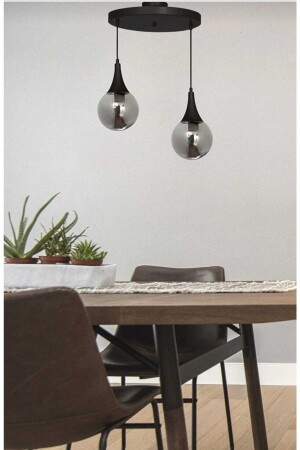 Drop Double Pendelleuchte Modell Kronleuchter - Rauchglas rund - Schwarz Modern - Küche - Wohnzimmer Ky - VEDA AVİZE