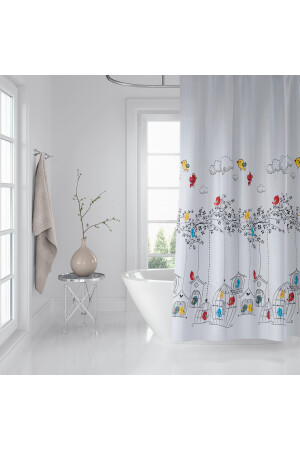 Duş Perdesi Çift Kanat 2x120x200cm Kuş Desenli Banyo Perdesi 16 Adet C Halka Hediyeli Çift Kanat Banyo Perdesi - 3