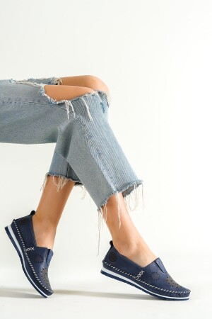 Echtes Leder Marineblaue Damen-Ballerinas aus Leder Dp16-0065 DP16-0065 - Deripabuc