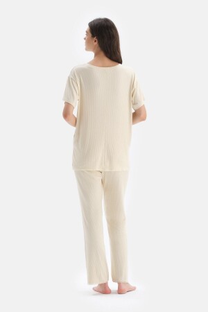 Ecru Kurzarm-T-Shirt-Pyjama-Oberteil aus Viskose 22SW84009BD_EK - 2
