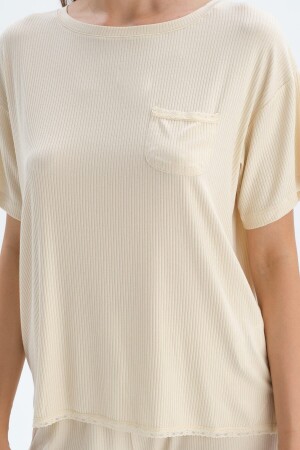 Ecru Kurzarm-T-Shirt-Pyjama-Oberteil aus Viskose 22SW84009BD_EK - 4