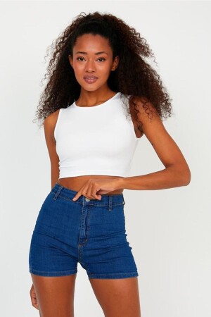 Ecrufarbenes Sport-Crop-Top für Damen aus Tauchstoff mit Rundhalsausschnitt - The Base