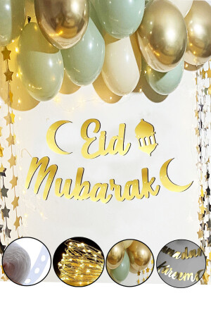 Eid Mubarak Gold Yazı Ledli Balon Zincir Seti Arapça Banner Ramazan Bayramı Oda Süsleme Dekor 2mt - 1