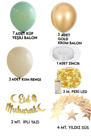 Eid Mubarak Gold Yazı Ledli Balon Zincir Seti Arapça Banner Ramazan Bayramı Oda Süsleme Dekor 2mt - 2