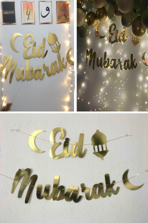Eid Mubarak Gold Yazı Ledli Balon Zincir Seti Arapça Banner Ramazan Bayramı Oda Süsleme Dekor 2mt - 4