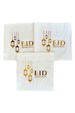 Eid Mubarak Yazılı Gold Yaldızlı Peçete 16lı 16x16 Cm Altın Varaklı Ramazan Bayram Temalı Dini Süsü - 4