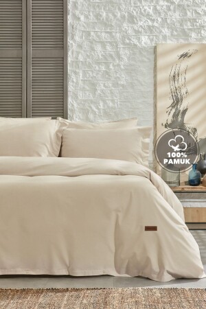 Einfarbiges, waschbares Ranforce-Bettbezug-Set für Einzelbett – Beige - Yataş