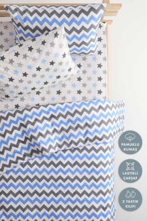 Einzelbettbezug-Set aus Baumwolle mit Zickzackmuster und elastischen Laken – Blau - Favora