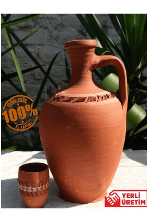 El Yapımı 4 Lt Bardak Hediyeli Büyük Boy Kuluplu Terleyen Toprak Su Testisi 3,5LT2000TR099 - ARWEN-STORE