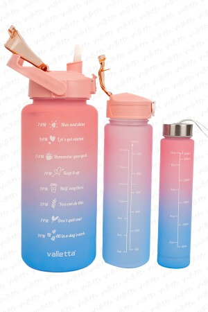 Eldorado 3lü Set BPA İçermez Motivasyonel Su Matarası Pembe-Mavi Su Matarası,Su Şişesi SWB-001 - 2
