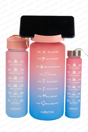 Eldorado 3lü Set BPA İçermez Motivasyonel Su Matarası Pembe-Mavi Su Matarası,Su Şişesi SWB-001 - 3