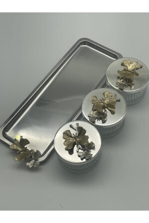 Elysia Gümüş 3'lü Çerezlik,sunumluk Ve Baharatlık Dikdörtgen Tepsili Cam Kase FYK01YKP05 - Fiyakalı Ürünler Atölyesi