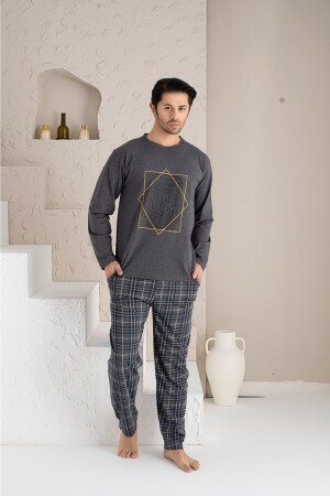 Erkek Uzun Kollu Sıfır Yaka Desenli Pijama Takımı RMC0069 - 1