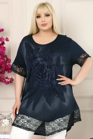 Etek Ve Kol Ucu Dantelli Flok Baskılı Gül Motifli Kısa Kol Tunik - Kheos