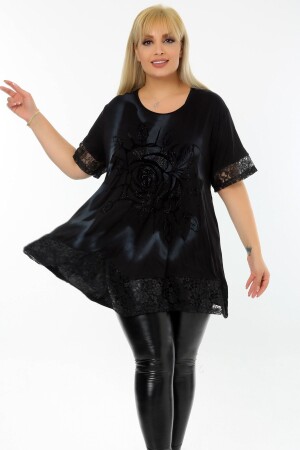 Etek Ve Kol Ucu Dantelli Flok Baskılı Gül Motifli Kısa Kol Tunik - Kheos