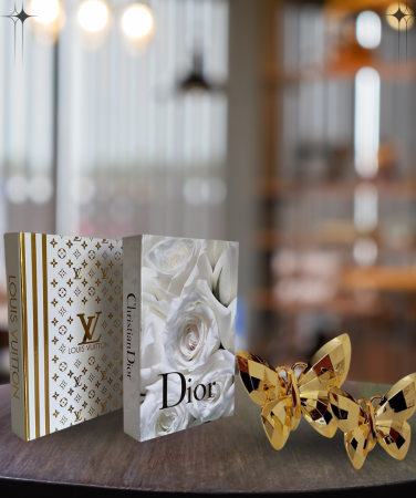 Evin Şık İkilisi Nariba LV & DİOR Dekoratif Kitap Kutu 2’li Set&Poyamum Dekoratif 2 li Kelebek Obje - Nariba