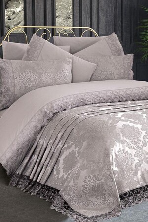 Fransız Dantelli Kure Gelin Seti 7 Parça Gri CD441550 - Çeyiz Diyarı