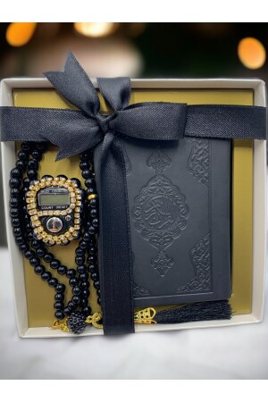 Geschenk-Set aus schwarzem Thermo-Leder im Taschenformat mit Koranstein-Gesängen und Bibel-Gebetsperlen - 1