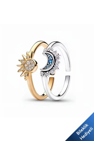 Gökyüzü Mavisi Işıltılı Güneş ve Hilal Ay Ayarlanabilir Çift Arkadaşlık Sevgili Yüzük - The Collection
