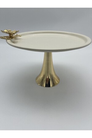 Gold Ayaklı Krem Renk Tepsili Metal Yuvarlak Çay, Kahve Ve Servis Sunum Tepsisi AMT560 - Fiyakalı Ürünler Atölyesi