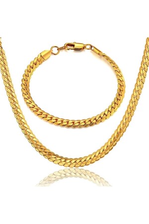 Gold Crushed Flat Snake Steel Unisex-Halskette und Armband-Set Eck37s MDL-ECK37S - Takı Dükkanı