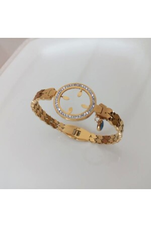 Gold Renk İçi Boş Zirkon Taşlı Çerçeveli Nazar Boncuklu Çeyreklik Çelik Kelepçe Bileklik - Tişt Accessory