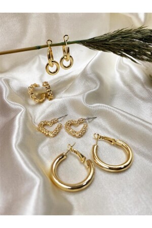 Goldfarbene 4 Paar Herz-Change-Clip- und Bottega-Design-Ohrringe - Eylülün Takısı