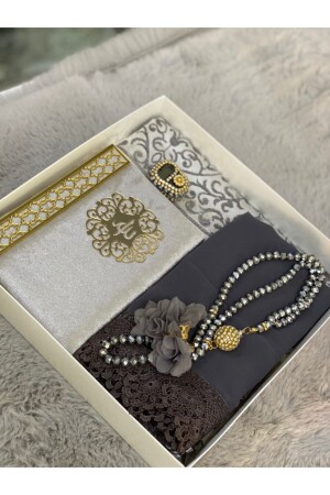 Gri Dini Hediyelik-seccade Seti-gelin Bohçası-hediyelik - Çeyizlik Setim