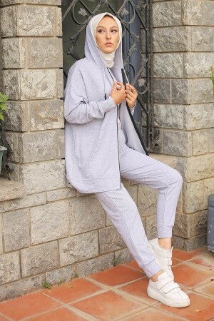 Gri Kapüşonlu Cepli Iki Iplik Eşofman Takımı - İmajbutik