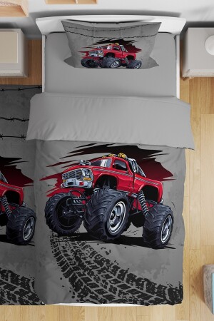 Gri Monster Truck Desenli Tek Kişilik Bebek Çocuk Nevresim Seti evnev00238 - 1