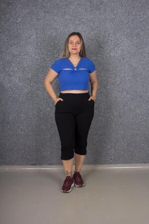 Große Caprihose aus gesteinigter gekämmter Baumwolle in Schwarz Kş065 - Truva Xxl