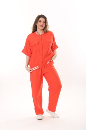 GROSSER DAMENANZUG AUS AYROBIN-STOFF, ORANGE GESTREIFT, KURZARM - Xl Modam