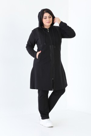 Großes Hijab Battal-Trainingsanzug-Set für Damen mit Steindetails und Kapuze und Reißverschluss - Westbound