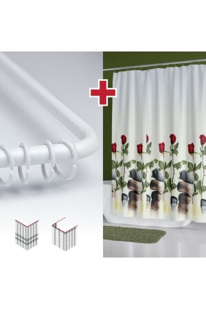 Gül Desen Banyo Perdesi Askı Hediyeli 180x200cm Tek Kanat Beyaz Kırmızı Duş Perdesi- L Boru Hediyeli - Tropikhome