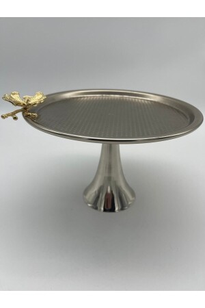 Gümüş Renk Ayaklı Tepsili Metal Yuvarlak Çay, Kahve Ve Servis Sunumluk Tepsi Aksesuarlı TBKSNMKREM - Fiyakalı Ürünler Atölyesi