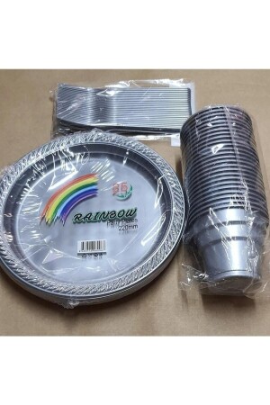 Gümüş Tabak Bardak Çatal Seti Plastik 25 Kişilik Kullan At - Surprise Party Store