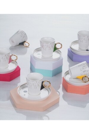 Güvenplast Grove 6 Kişilik Renkli Çizgili Gold Kulp Kahve Fincan Takımı 11833 MGX-011833 - ACAR