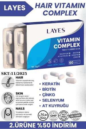 Hair Vitamin Complex 60 Tablet Biotin Keratin Çinko D3 At Kuyruğu Selenyum Folik Asit Saç Vitamini lys8817 - 1