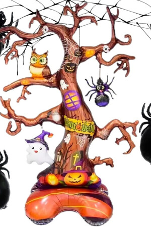 Halloween Örümcek Balkabağı Temalı Korkunç Ağaç Folyo Balon- Cadılar Bayramı Ayaklı Balon 150x100cm - 1