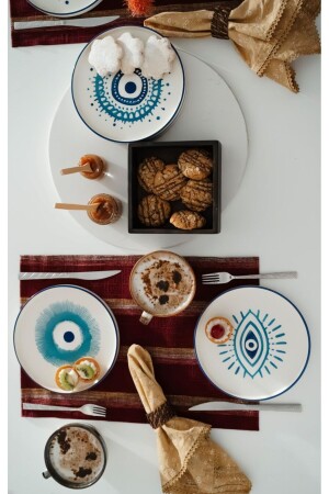 Hand Made Nazar Boncuklu 6’li Özel Tasarım Stackable Pasta Tabağı Seti - Kevin Seramik