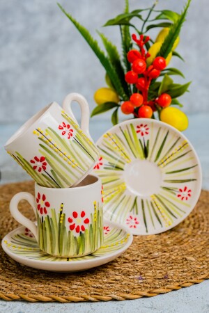 Handgefertigte 2-teilige Kaffeetasse aus Keramik, rotes Gänseblümchen. 2-teiliges rotes Gänseblümchen - 1