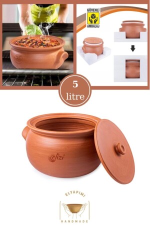 Handgefertigter Schmortopf aus Ton mit Deckel, mittelgroß, gefüttert, 5 Liter (in spezieller unzerbrechlicher Schaumstoffverpackung) - Elizi