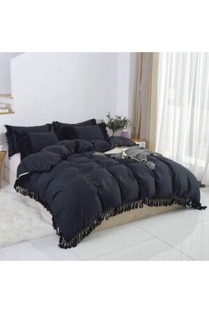 Handgestricktes Bettbezug-Set mit Quasten und Fransen für King-Size-Betten in Schwarz BBPÜSQ - METİNEV