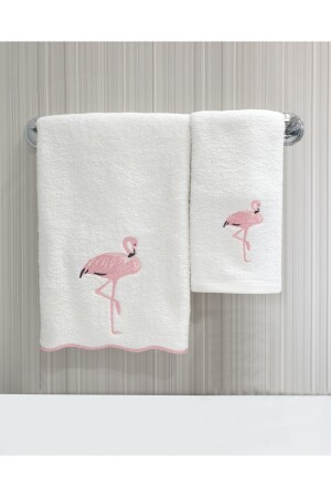 Handtuch mit gewelltem Rand, Flamingo-Stickerei, Hand-/Gesichtsgröße, 50 x 90 cm, 100 % Baumwolle, TNMHM210200H2 - 2