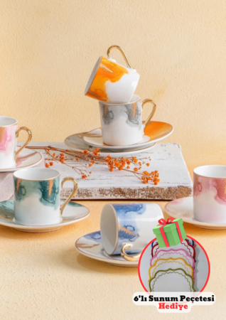 Hediyeli Ürün Acar Brush 6 Kişilik Bahar Renkli Porselen Kahve Fincan Takımı&Galatateks Işlenebilen Kokteyl Sunum Peçetesi 6 Adet - Acar