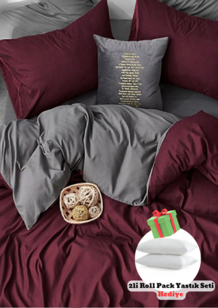 Hediyeli Ürün İQON Lastikli Çarşaflı Nevresim Takımı Çift Kişilik Bordo-Gri&Yataş Handy 2li Roll Pack Yastık Seti 50x70 cm - İQON