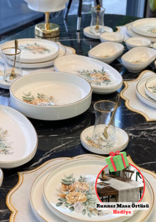 Hediyeli Ürün One Dekor 43 Parça Modern Gold Green Kahvaltı Takımı&Vivamaison Runner Masa Örtüsü Ham Pamuk Örme Dantel Püsküllü Krem 37x150 Cm - One Dekor