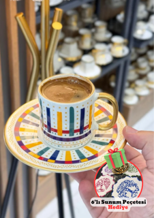 Hediyeli Ürün One Dekor 6'lı Royal Maya Lüks Kahve Fincanı&Bonny Home Multicolor 6'lı Kokteyl Kahve Sunum Peçetesi Maraş Işi Sırma Nakış Işlemeli Gardenya Sunumluk - One Dekor